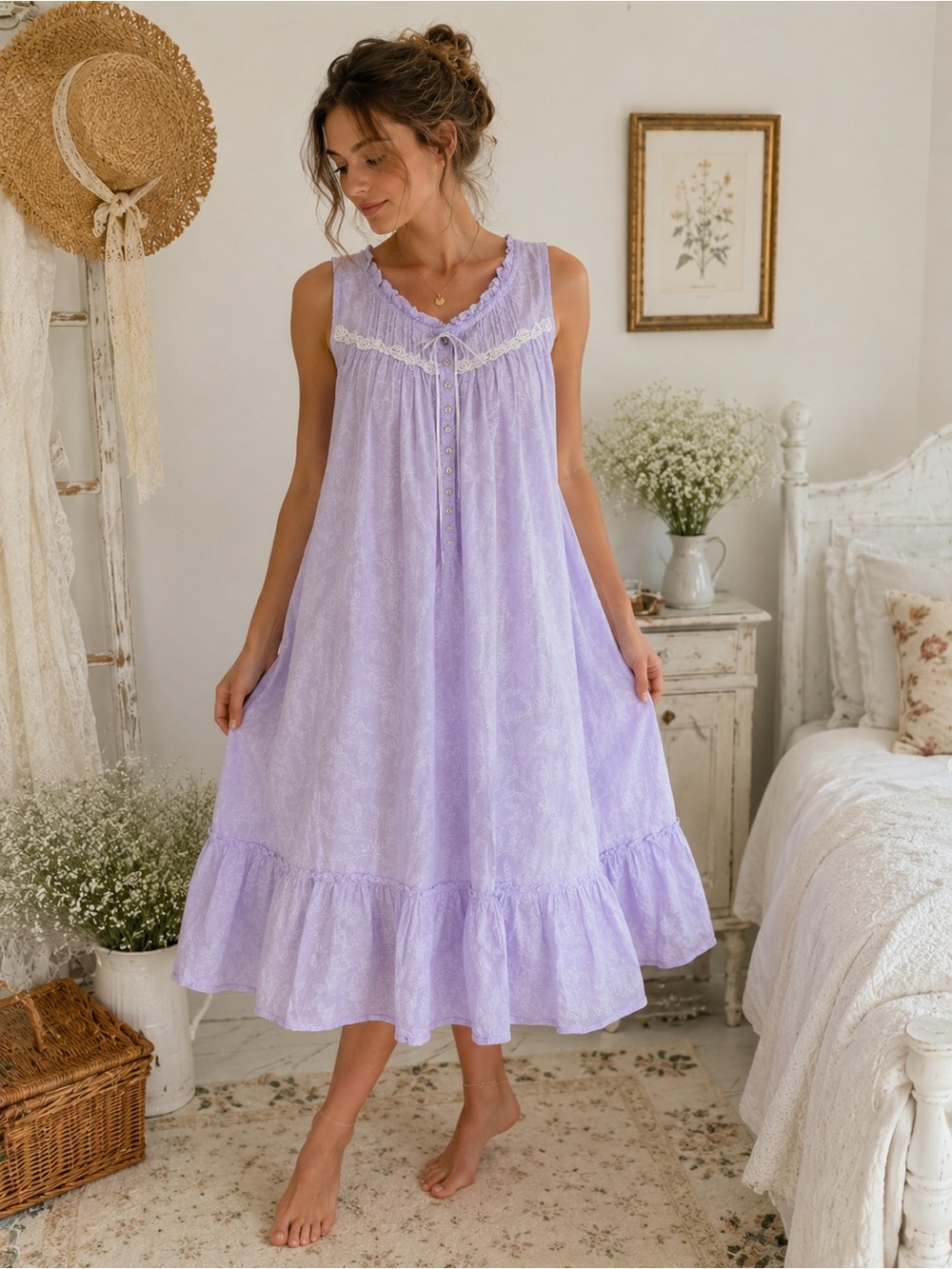 Vintage Eileen West Lavender Floral Cotton Nightgown Cottagecore Prairie Dress S - Picture 10 of 10